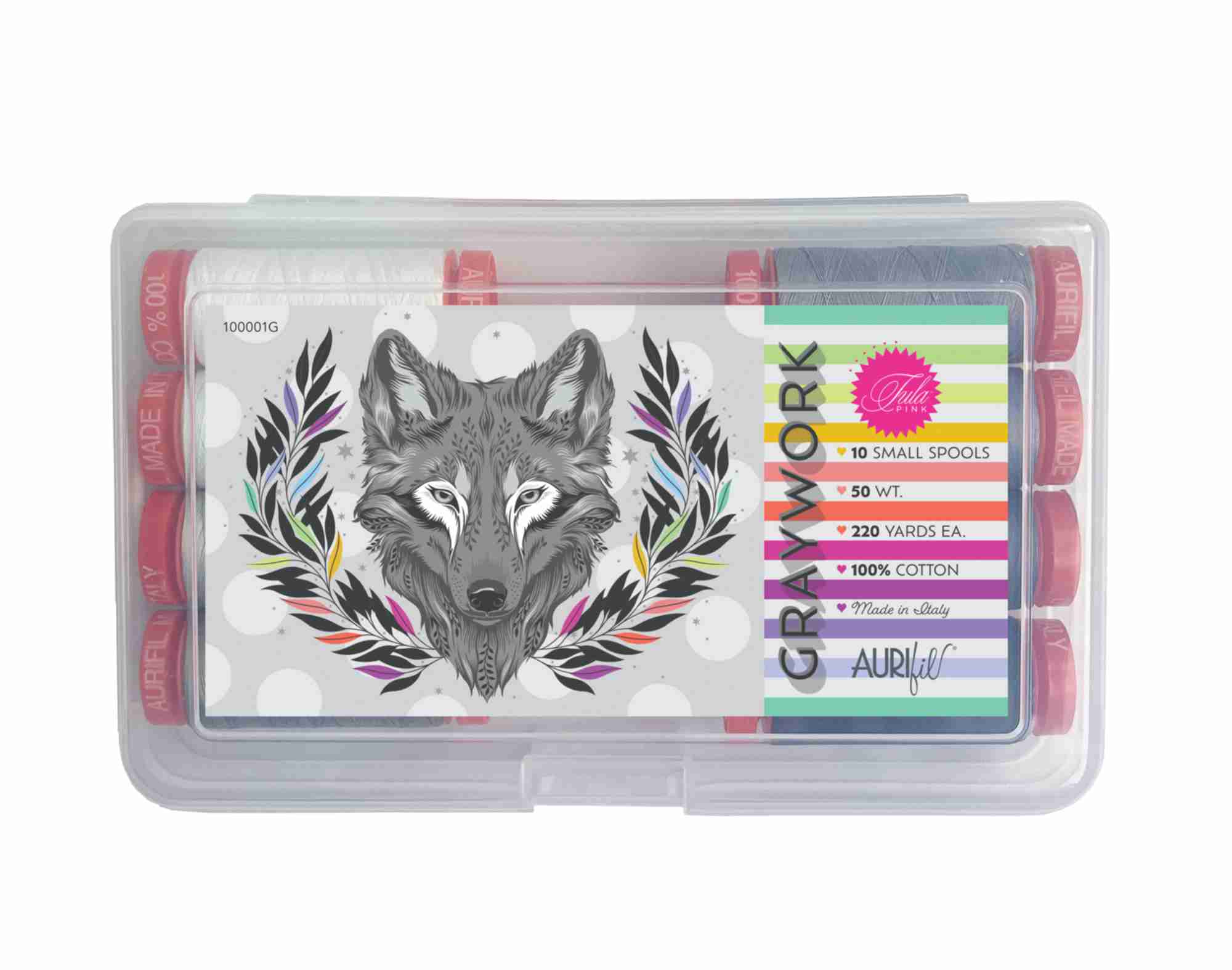 AURIfil Graywork by Tula Pink Stärke 50, 10 Farben auf 200m-Spulen
