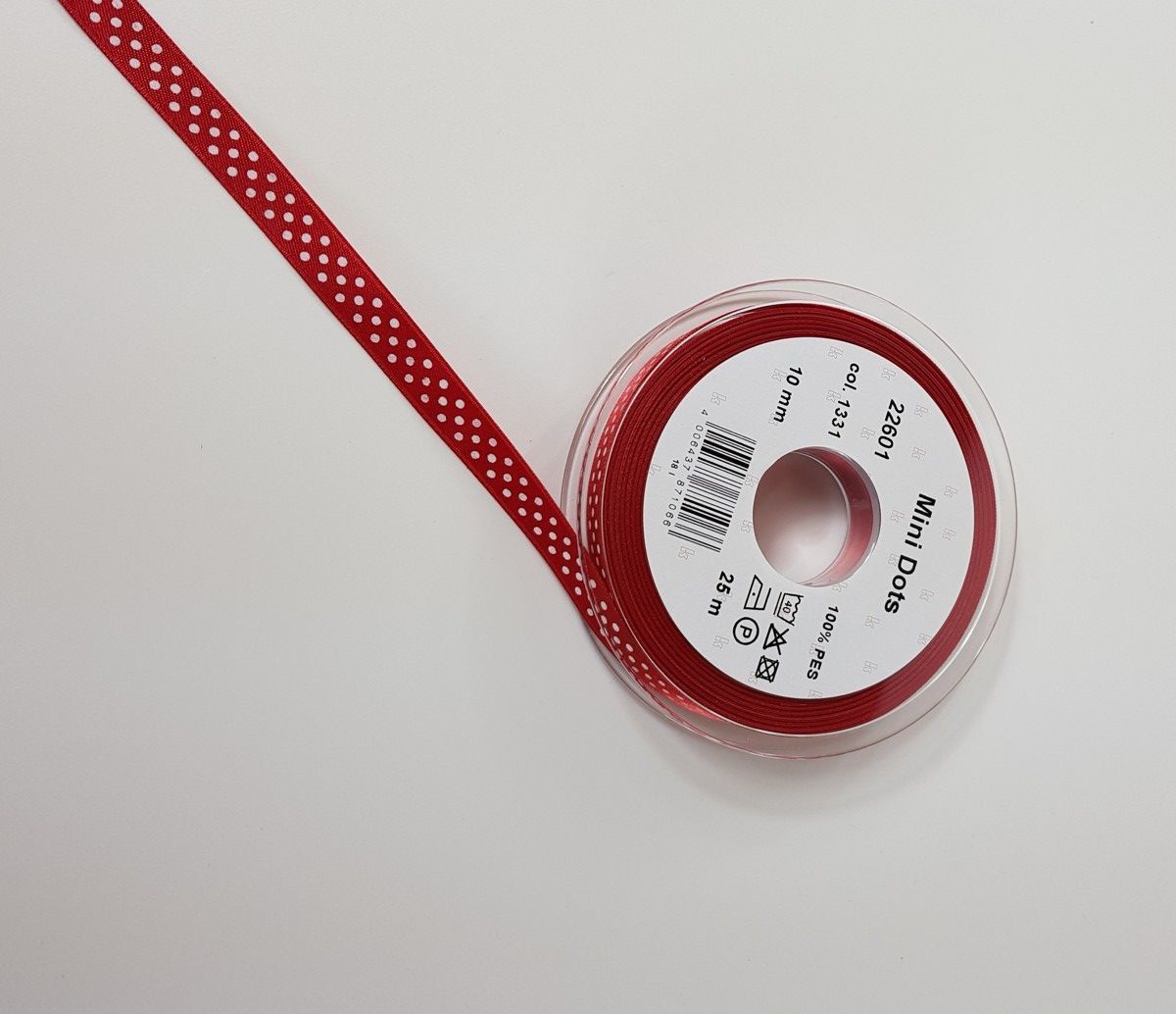 Satinband Mini Dots; 100% PES Farbe 1331 true red weiss gepunktet Satinband Mini Dots; 100% PES Farbe 1331 true red weiss gepunktet