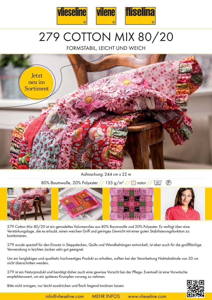Volumenvlies 279 Cotton Mix Queen Size SB 80% Baumwolle, 20% Polyester / 2,2 x 2,7m