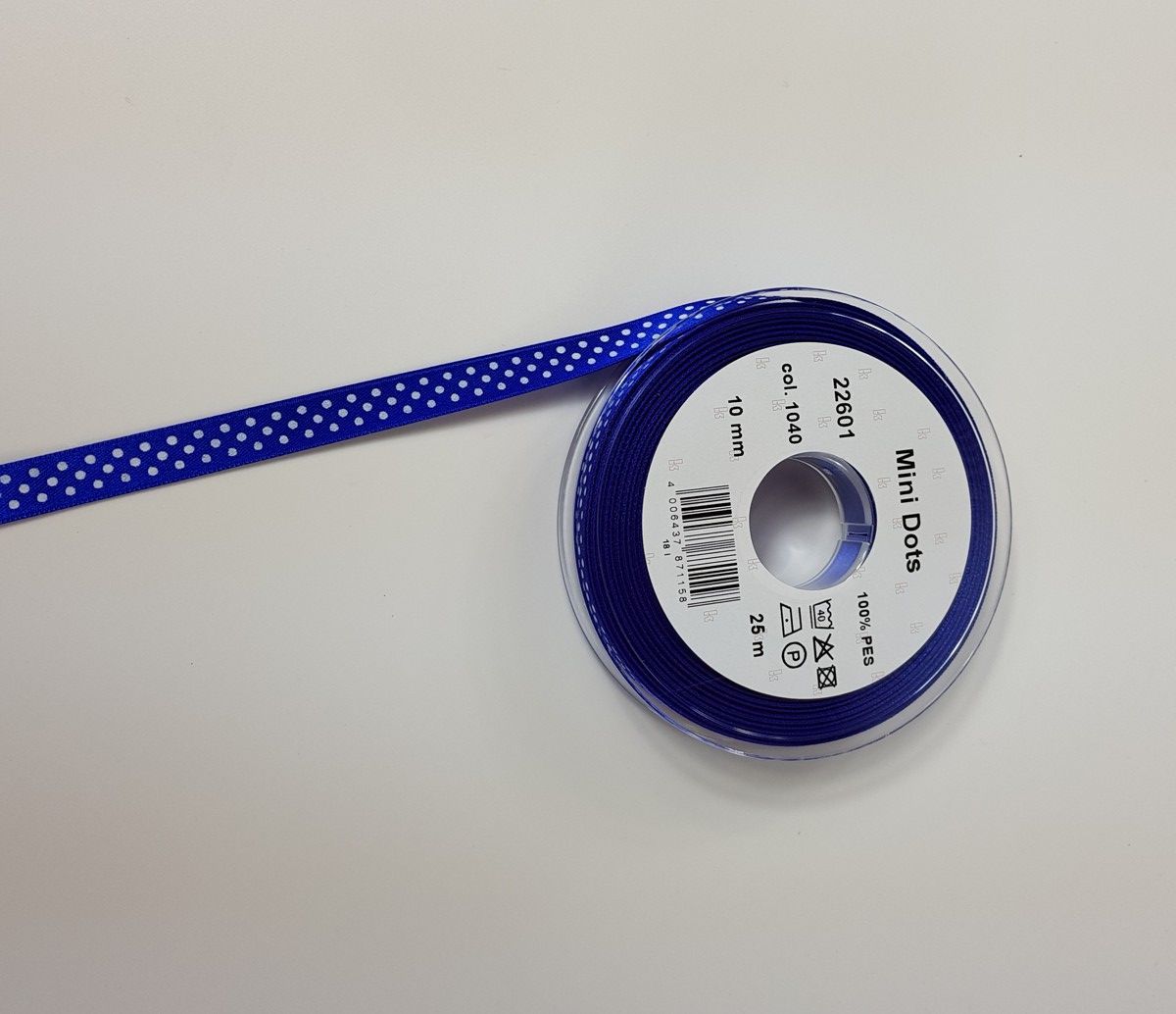 Satinband Mini Dots; 100% PES Farbe 1040 royal weiss gepunktet Satinband Mini Dots; 100% PES Farbe 1040 royal weiss gepunktet