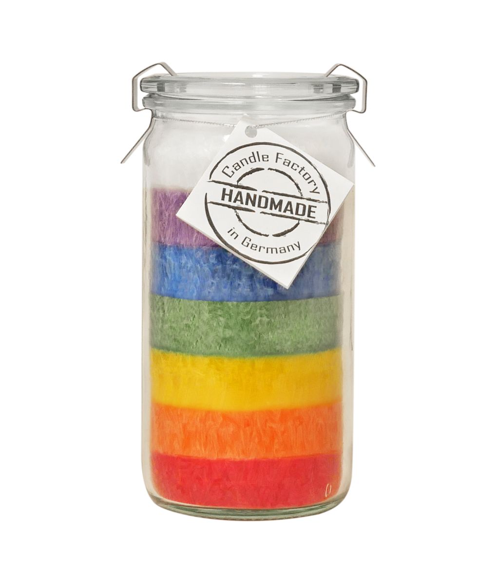 Regenbogen Kerze von Candle Factory im Glas  ohne Duft Farbreihenfolge Meditation
