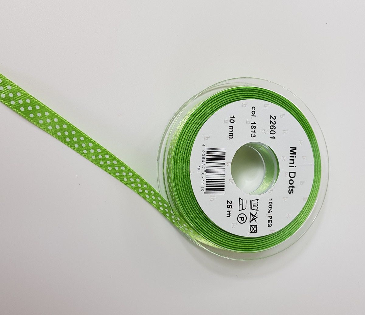 Satinband Mini Dots; 100% PES Farbe 1813 spring green weiss gepunktet