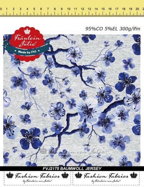 Jersey, blaue Blüten 95% Baumwolle, 5% Elasthan, Öko-Tex ca. 1,45m breit (57 inch)  