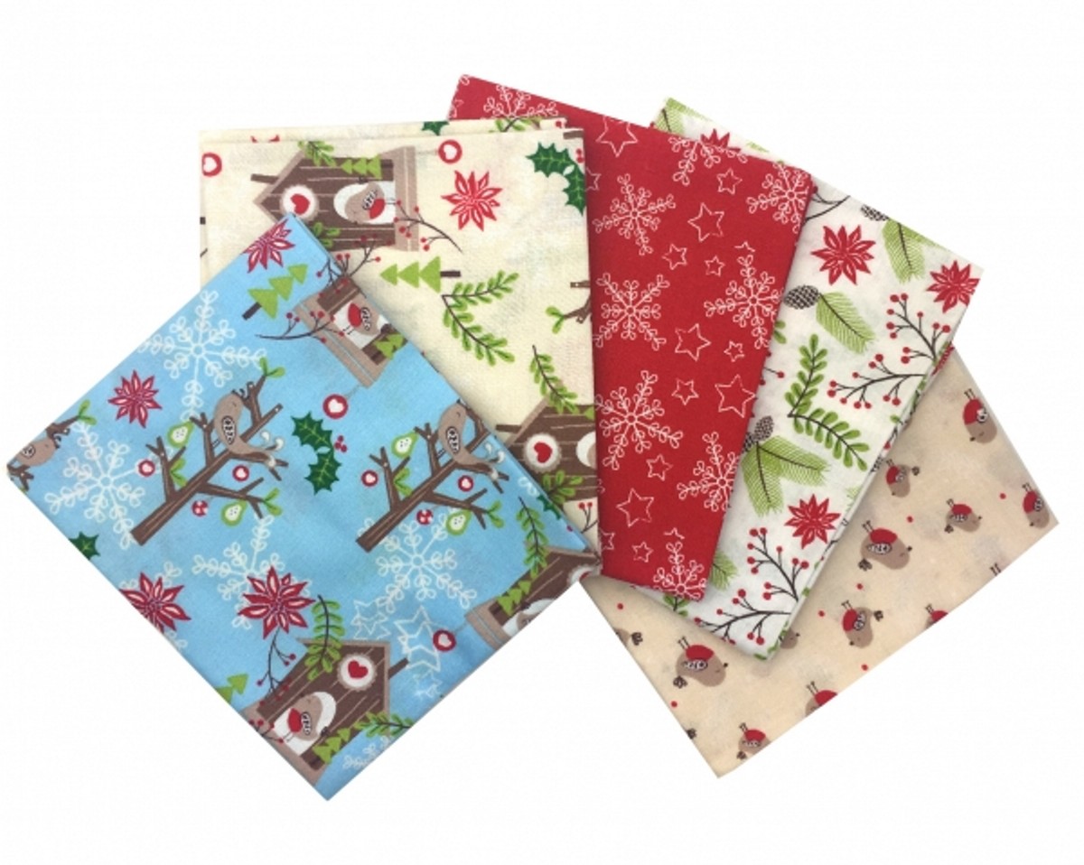 Craft Cotton Stoffpaket Christmas Birdhouse, 100% CO enthält 5 Stücke á  ca. 45 x 55 cm (18 x 22 inch)