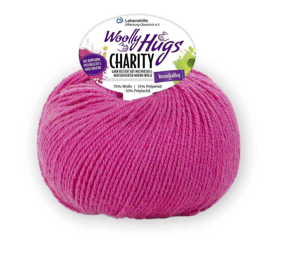 Woolly Hugs Charity, 50g/100m, 75% Wolle (Merino),  15% Polyamid, 10% Polylactid 