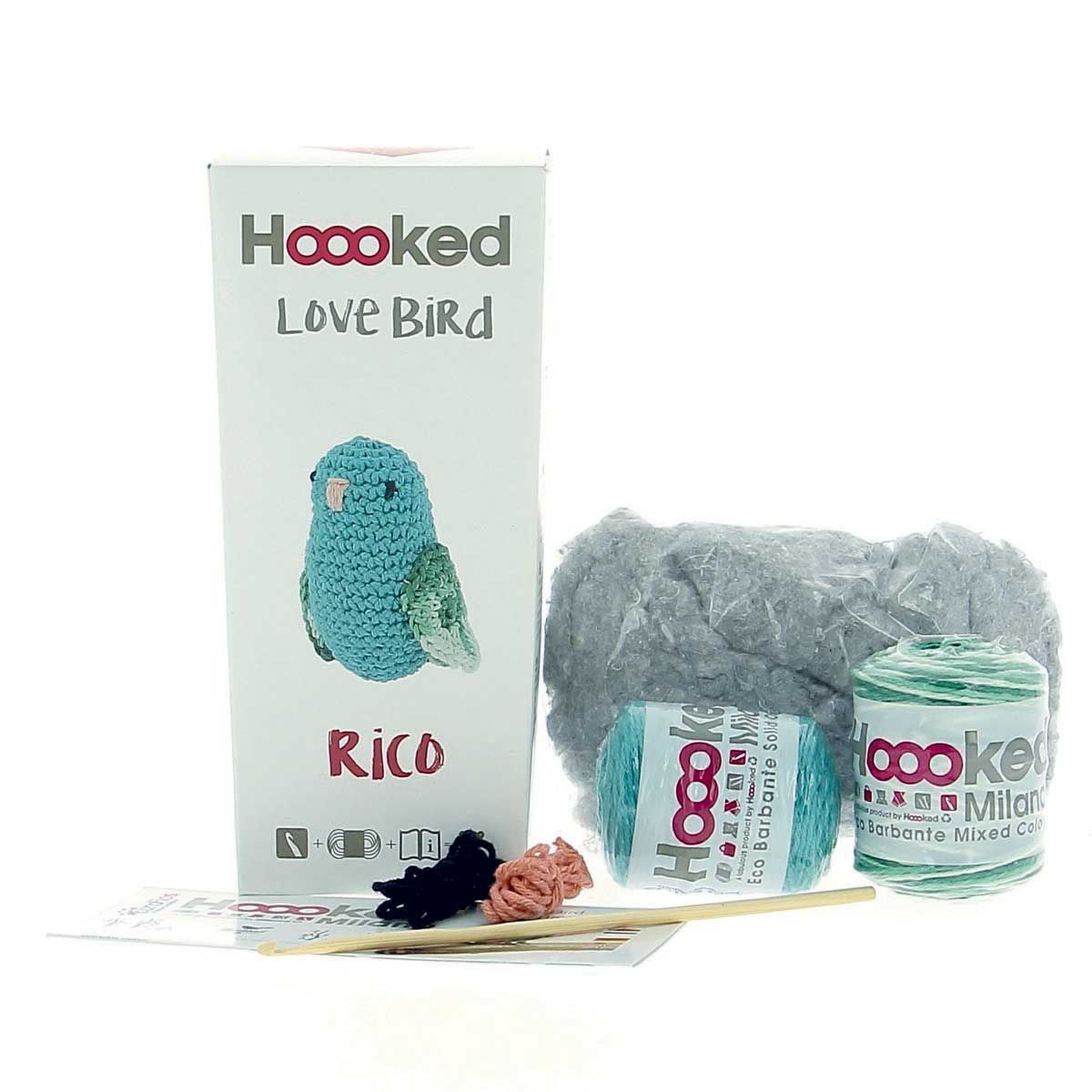 Hoooked Eco Barbante Kit, Love Bird Rico, Fb. Lagoon, 100% recyceltes Garn Amigurumi Komplettset mit Wolle, Häkelnadel und Anleitung Hoooked Eco Barbante Kit, Love Bird Rico, Fb. Lagoon, 100% recyceltes Garn Amigurumi Komplettset mit Wolle, Häkelnadel und Anleitung