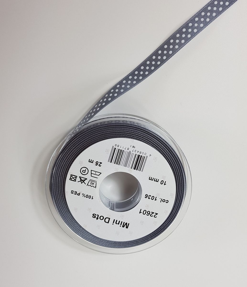 Satinband Mini Dots; 100% PES Farbe 1036 grey weiss gepunktet Satinband Mini Dots; 100% PES Farbe 1036 grey weiss gepunktet