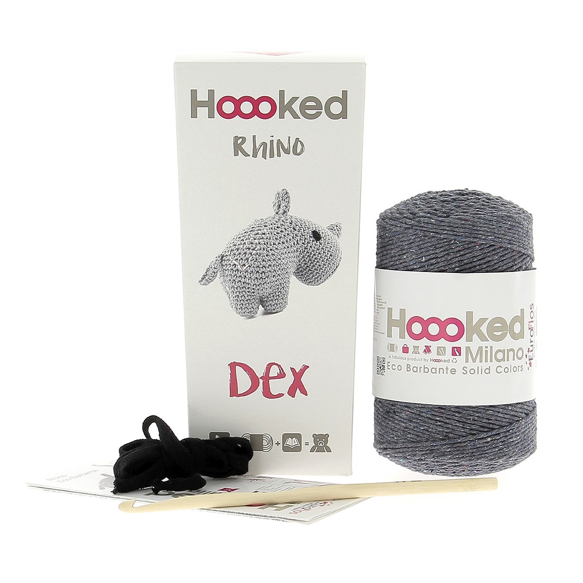 Hoooked Eco Barbante Kit, Rhino Dex, 100% recyceltes Garn Amigurumi Komplettset mit Wolle, Häkelnadel und Anleitung