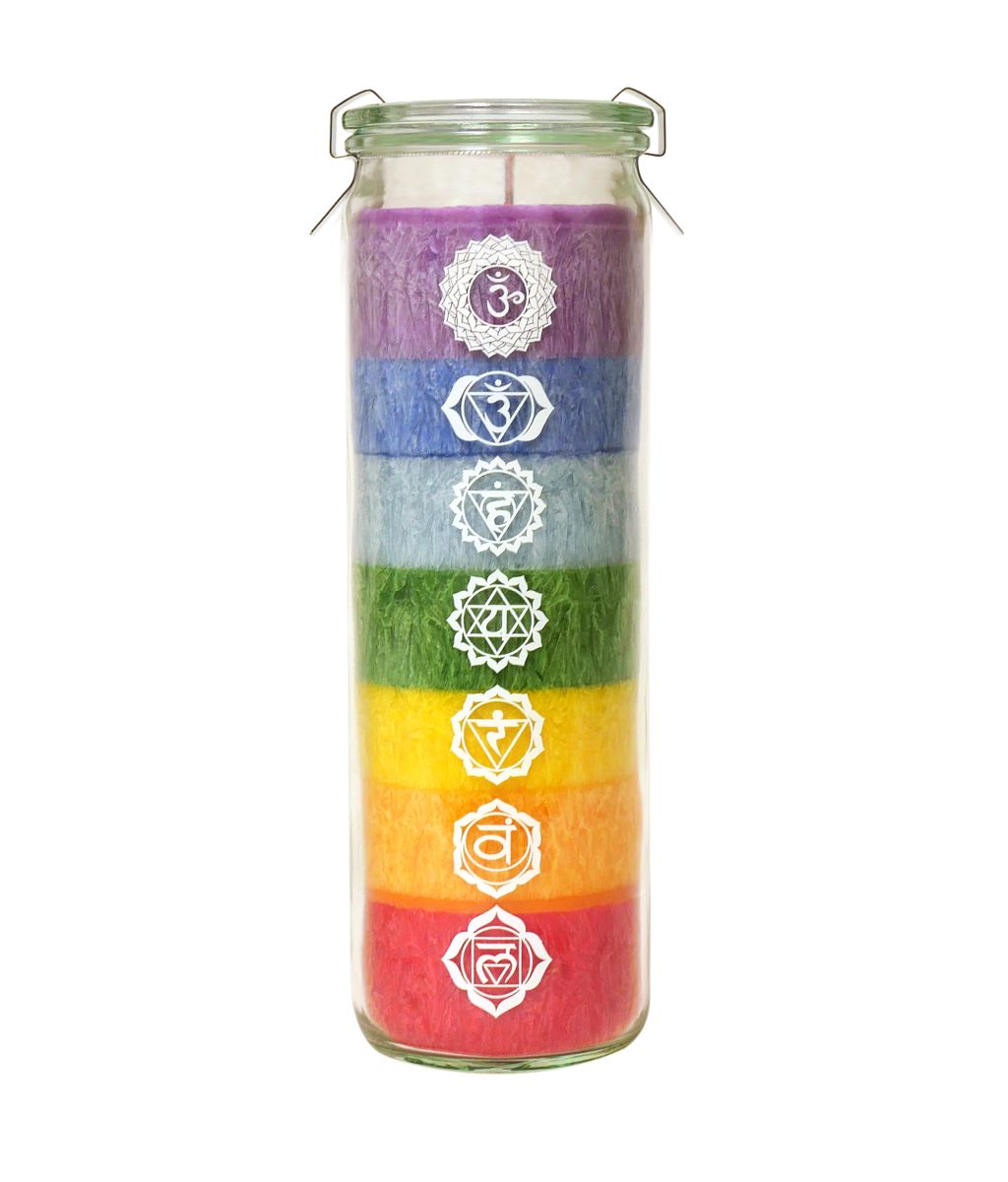 Regenbogen Kerze von Candle Factory im Glas  ohne Duft Farbreihenfolge Chakra